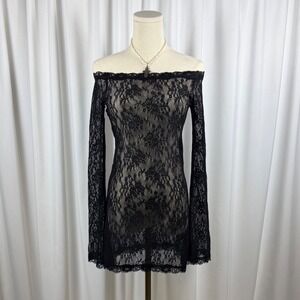 Out From Under Black Floral Lace Off The Shoulder Long Sleeve Top Sheer Small